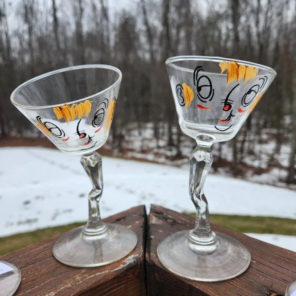 4 Vintage Gay Fad Beau Brummel Novelty Tipsy Martini Barware Cocktail Bar Glass